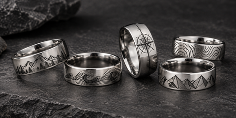 Silver custom engraved tungsten rings with black laser marks