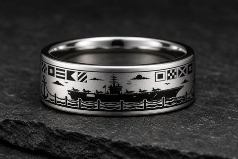 Silver USS Carrier Silhouette Military Anchor Ring hero mockup