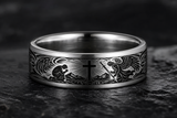Philippians 1:29 Cross Accent Tungsten Ring — Guardian Wing, Sword Light & Prayer Motifs hero mockup