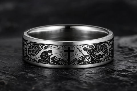 Philippians 1:29 Cross Accent Tungsten Ring — Guardian Wing, Sword Light & Prayer Motifs hero mockup