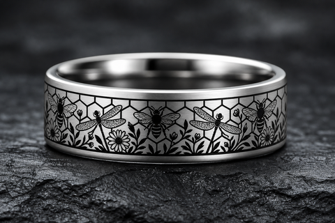 Honeycomb Tungsten Carbide Bee Silhouette Ring hero mockup