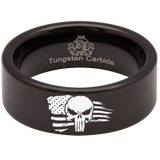 Military Skull Tattered American Flag  Tungsten Carbide Ring