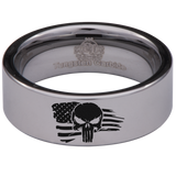 Military Skull Tattered American Flag  Tungsten Carbide Ring