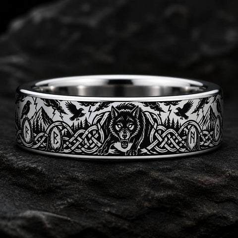Viking Wolf Ring, Norse Rune Ring, Celtic Knot Ring, Raven Ring, Tungsten Wedding Band, Wolf Jewelry for Men