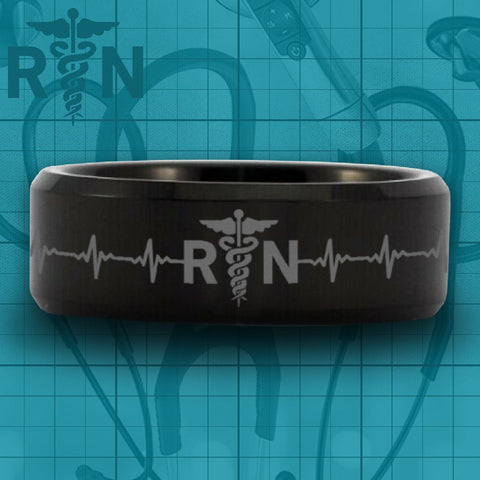 Black Tungsten Registered Nurse Heart Rate Ring - Friends of Irony LLC