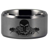 Silver Tungsten Submariner Skull and Dolphin Ring