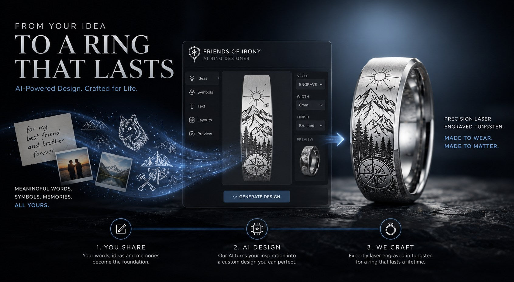 AI ring designer preview with custom engraved ring artwork